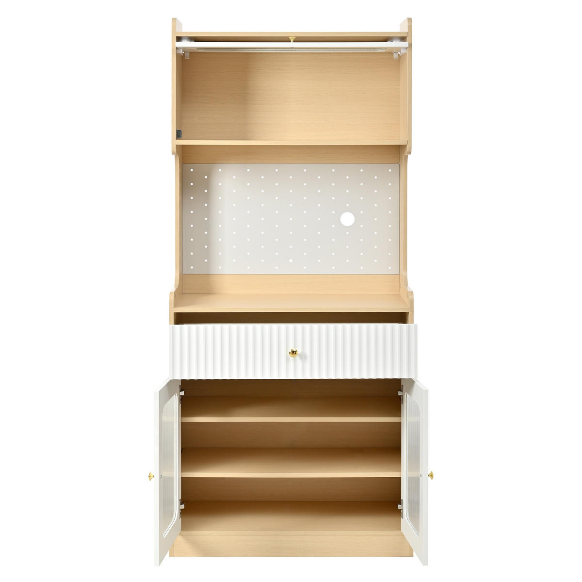 BUFFET Küchenschrank mit Glaselementen, Lochwand & Stauraumfunktion Weiß Mittelgroß Holzwerkstoff - Weiß/Naturfarben, Holzwerkstoff (80/180/40cm) - EVRYAE