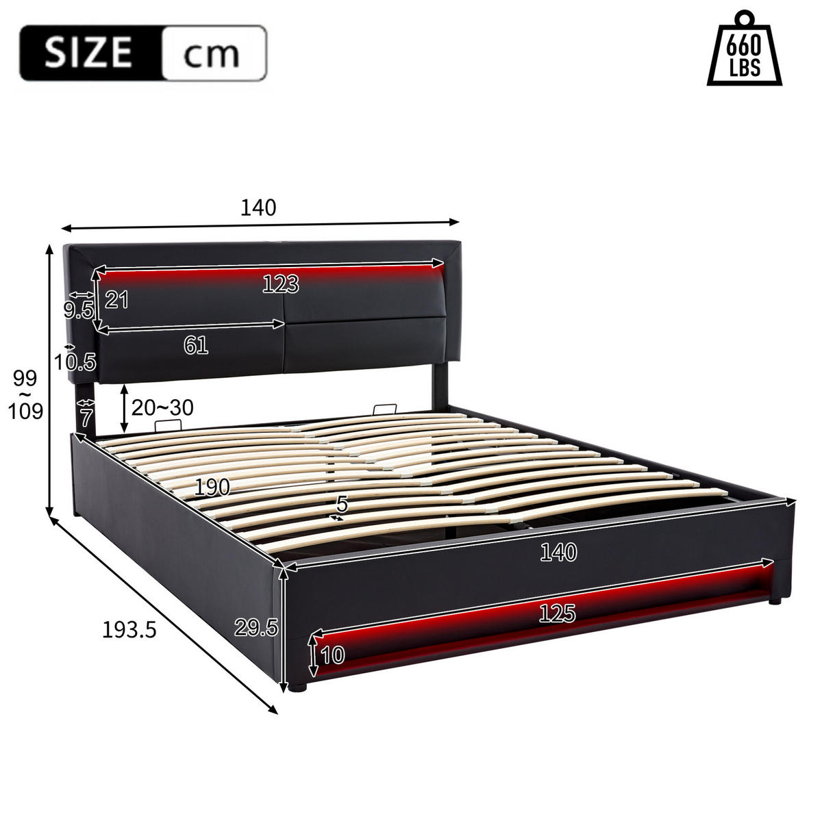 POLSTERBETT 140/190 cm mit USB-Ladefunktion, LED-Beleuchtung und Bettkasten aus PU, Schwarz - Schwarz, Leder (140/190cm) - Redom