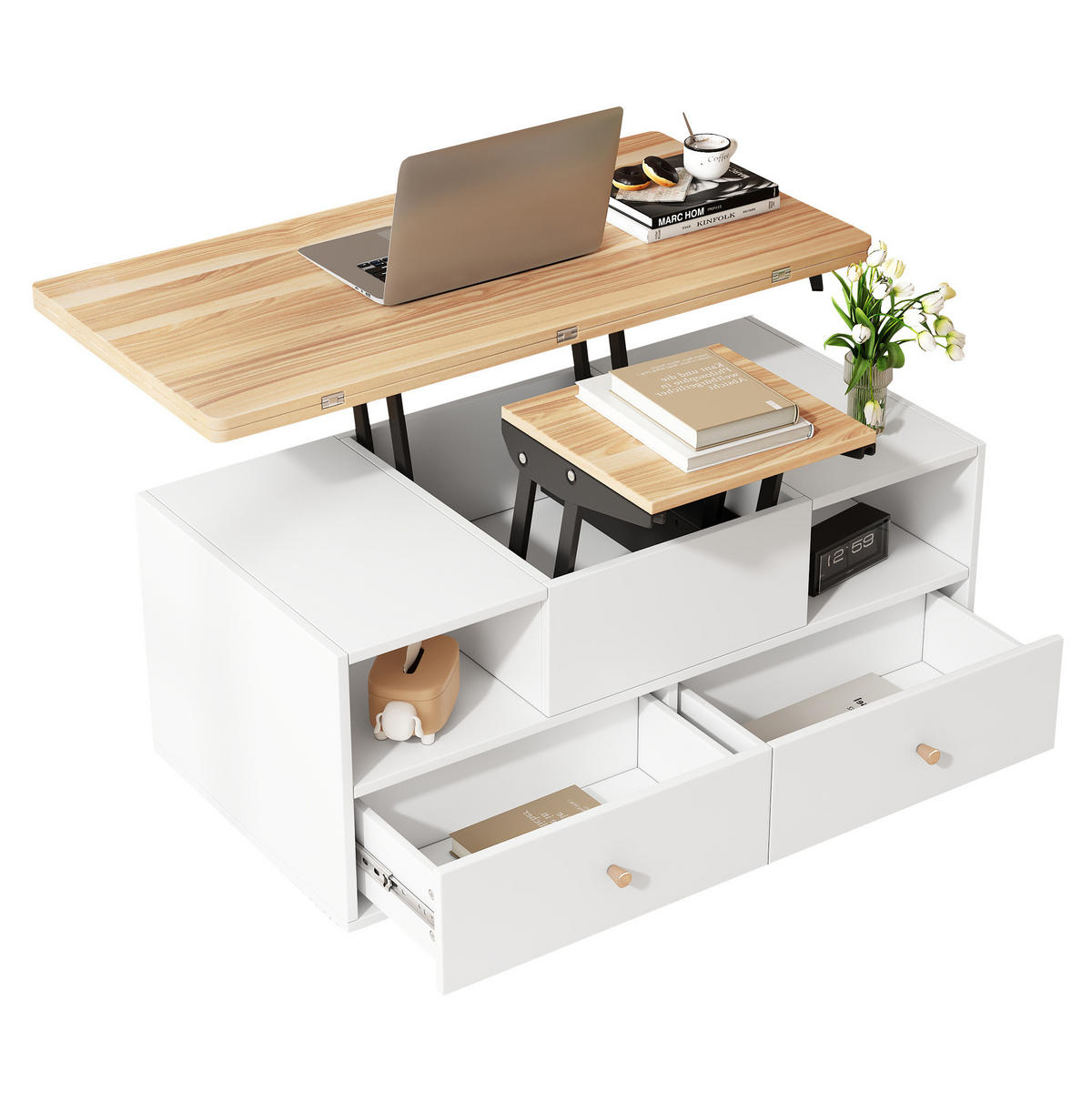 KONFERENČNÍ stolek 100/50/47,5 cm bílá a přírodní z MDF s výklopnou a výškově nastavitelnou deskou - přírodní, kompozitní dřevo (100/50/47.5cm) - OKWISH