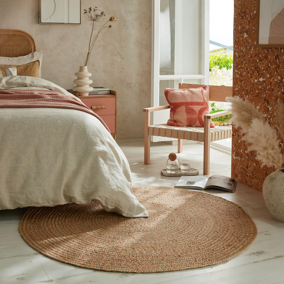TEPPICH Jute in Naturtönen, handgewebt EDEN, Braun-Rosa 180x180 cm - Braun/Rosa, Naturmaterialien (180/180cm) - KADIMA DESIGN