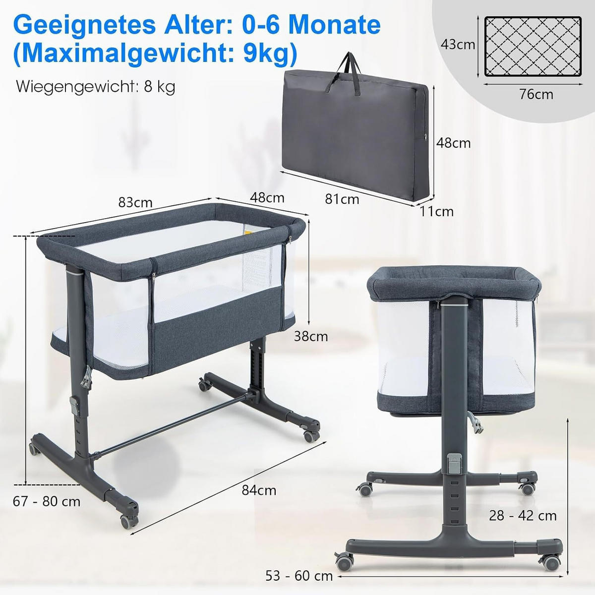 BABYWIEGE mit Matratze dunkelgrau - Dunkelgrau, Textil - COSTWAY