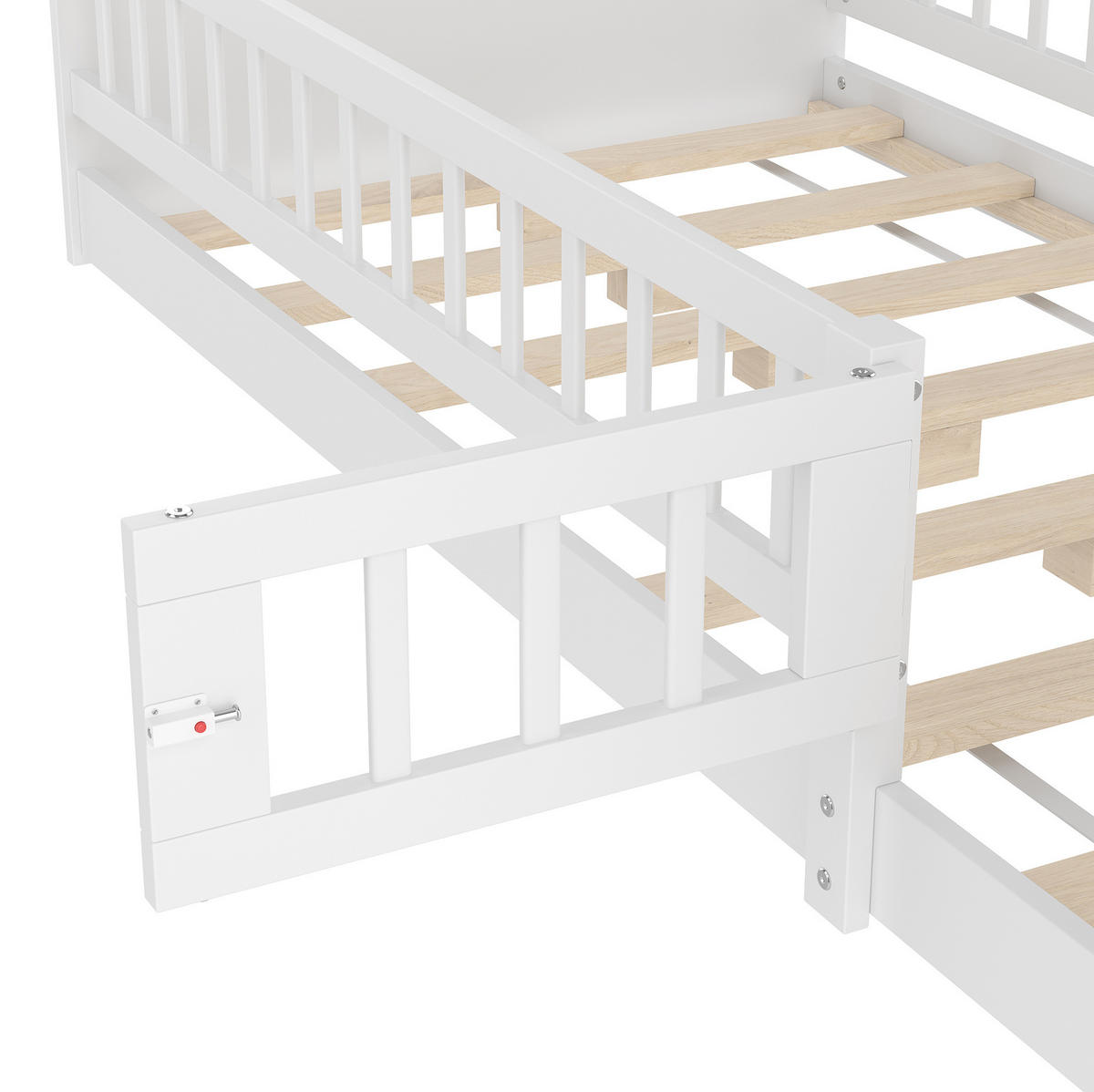 DETSKÁ posteľ 90/200 cm biela s úložnými policami a otváracou zábranou z borovice a MDF - biela, drevo (90/200cm) - OKWISH