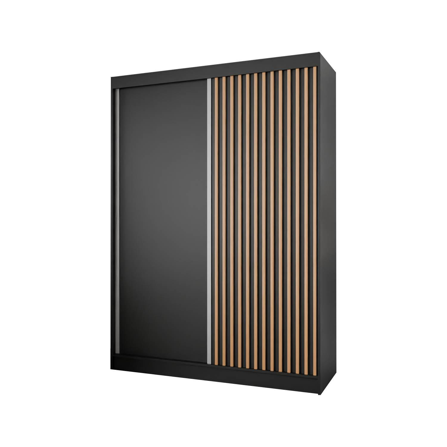 SCHIEBETÜRENSCHRANK LAMELIS - Eiche Wotan/Schwarz, Holzwerkstoff (150/215/61cm) - Meblini