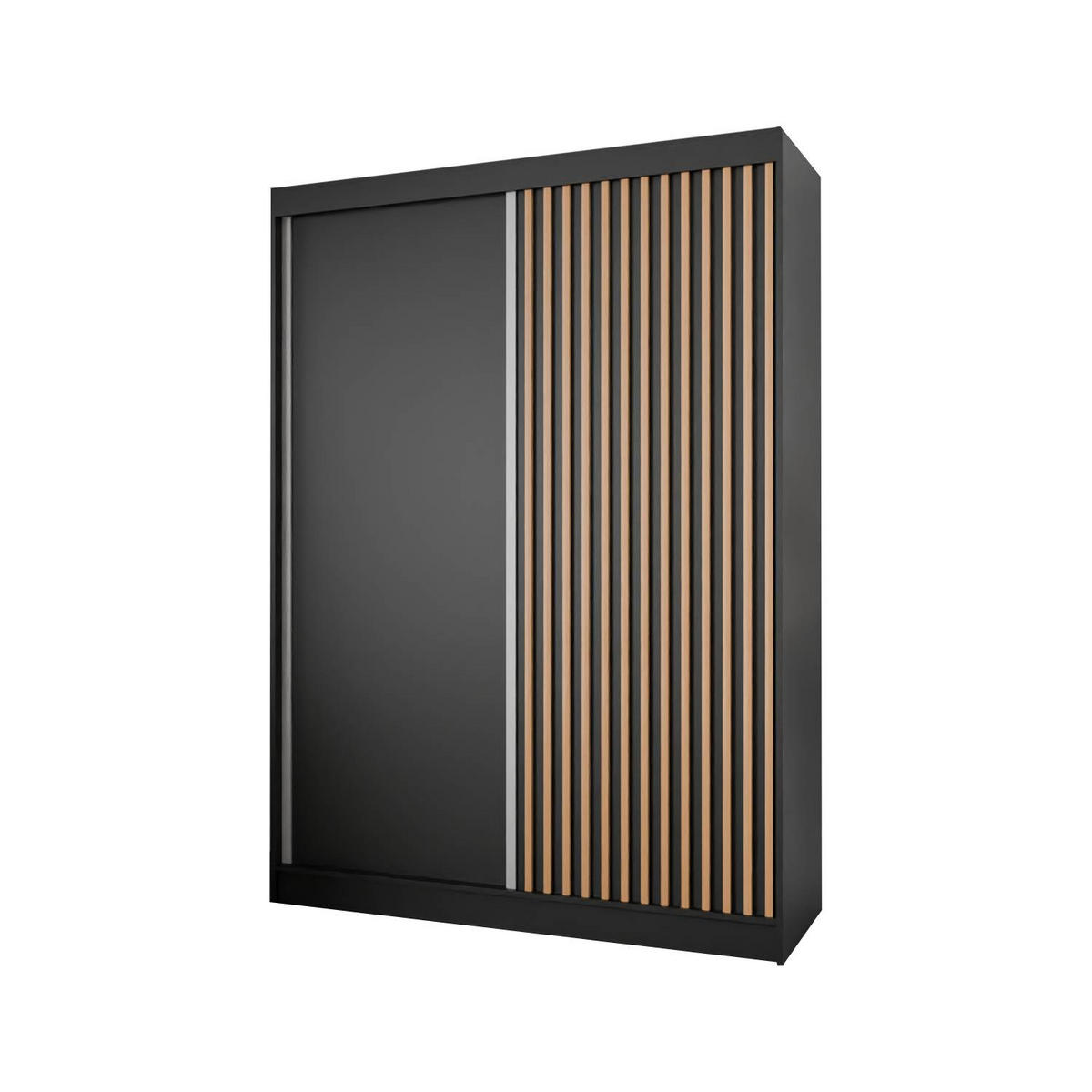 SCHIEBETÜRENSCHRANK LAMELIS - Eiche Wotan/Schwarz, Holzwerkstoff (150/215/61cm) - Meblini