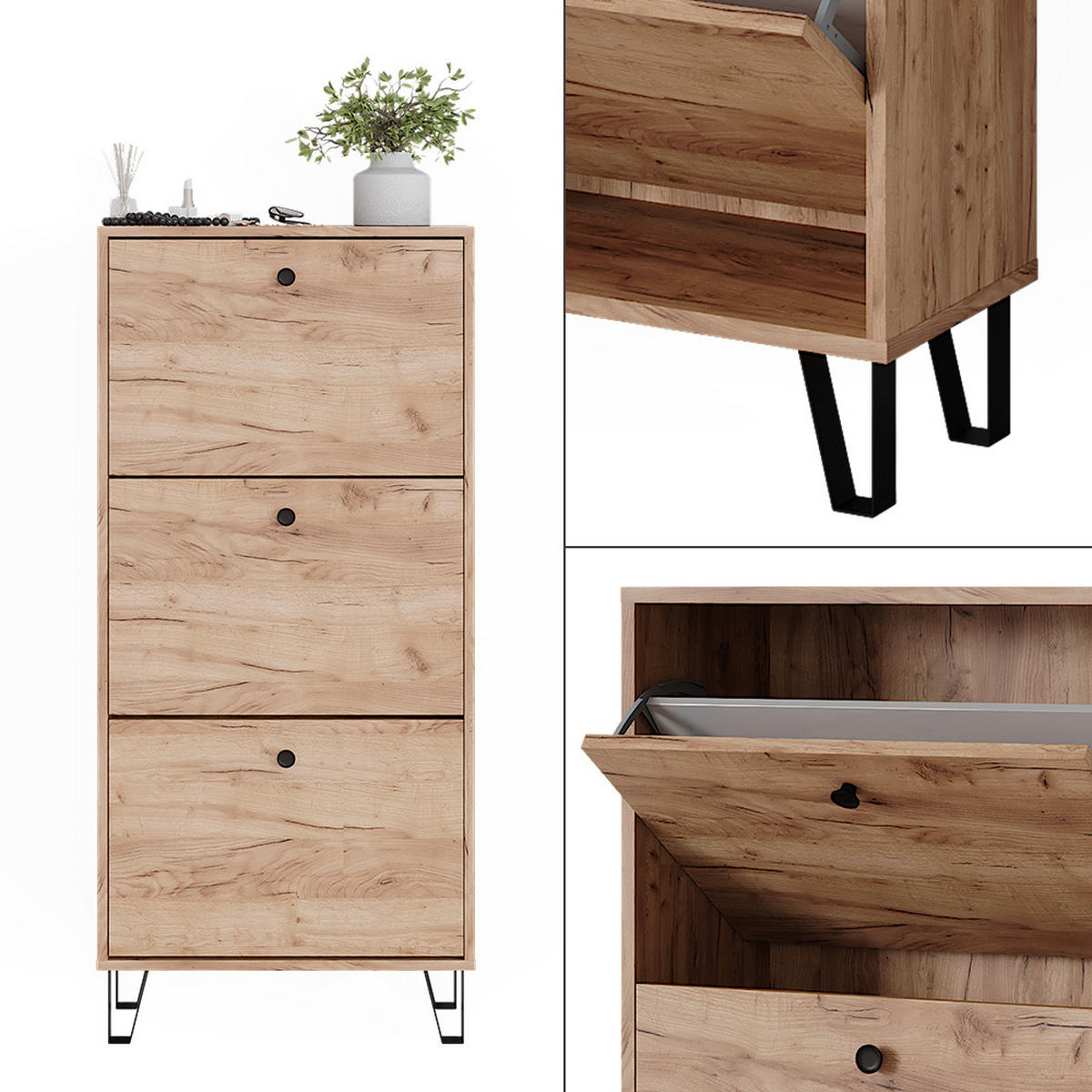 SCHUHKIPPER Siri Goldkraft Eiche 60 x 130 cm mit 3 Klappschubladen - Honigeiche, Holzwerkstoff (130/60/26cm) - Vicco