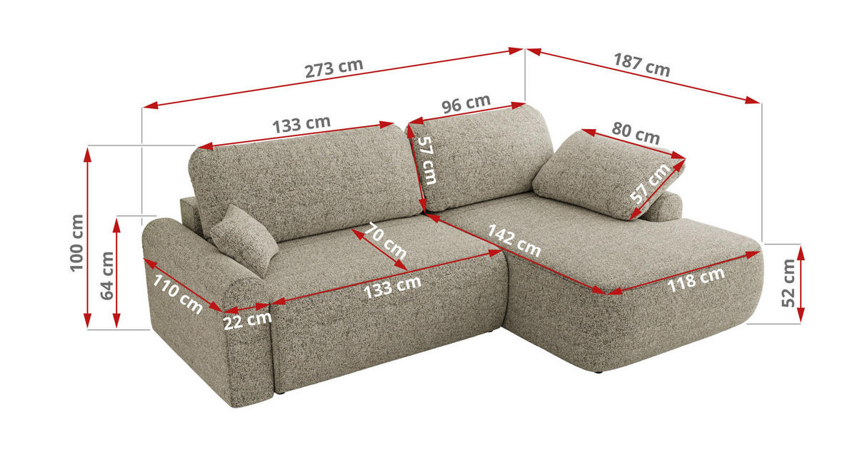 ECKSCHLAFSOFA CUBO L Beige Struktur - rechts - Beige/Schwarz, Kunststoff/Textil (187/273cm) - MKS