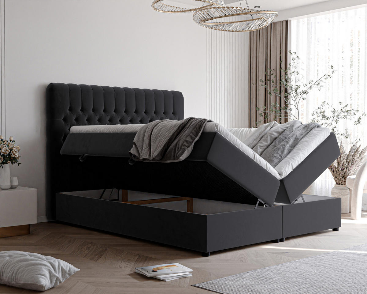 BOXBETT ALBA 140/200 cm mit Matratze und Topper, Schwarz - Schwarz, Textil (140/200cm) - Idohome