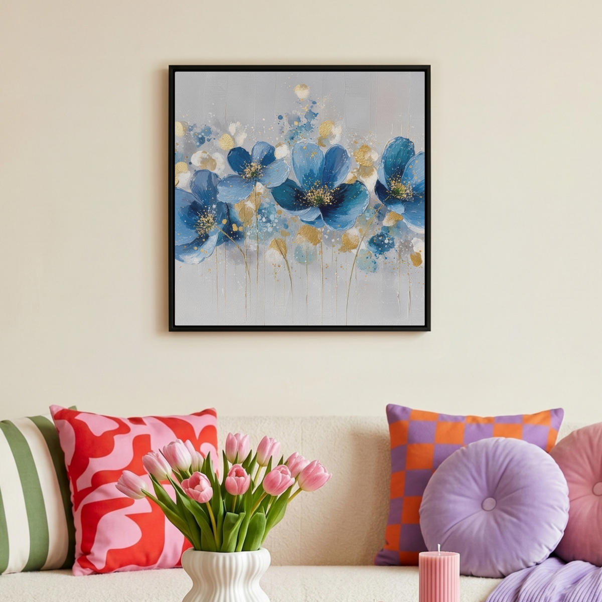 LEINWAND Bilder mit Rahmen - Blumen - Blau - Abstrakt - 50x50 - Hellgrau, Textil (50/50cm) - MuchoWow