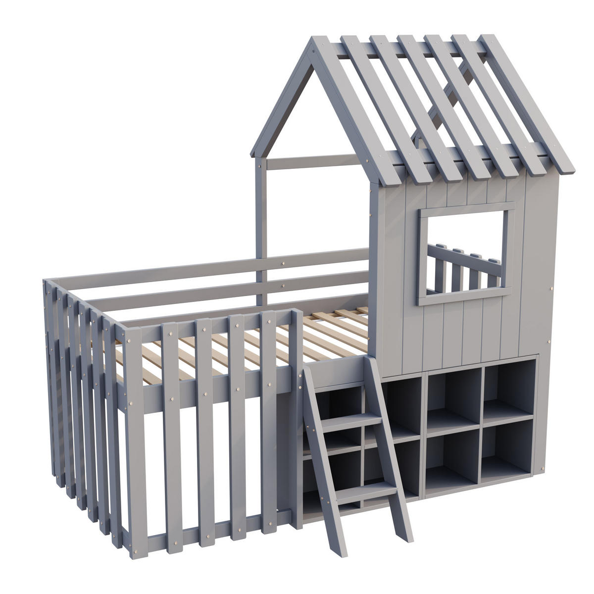 HAUSBETT 90/200 cm Grau Spielhaus mit Stauraum aus Massivholz - Grau, Holz (90/200cm) - OKWISH