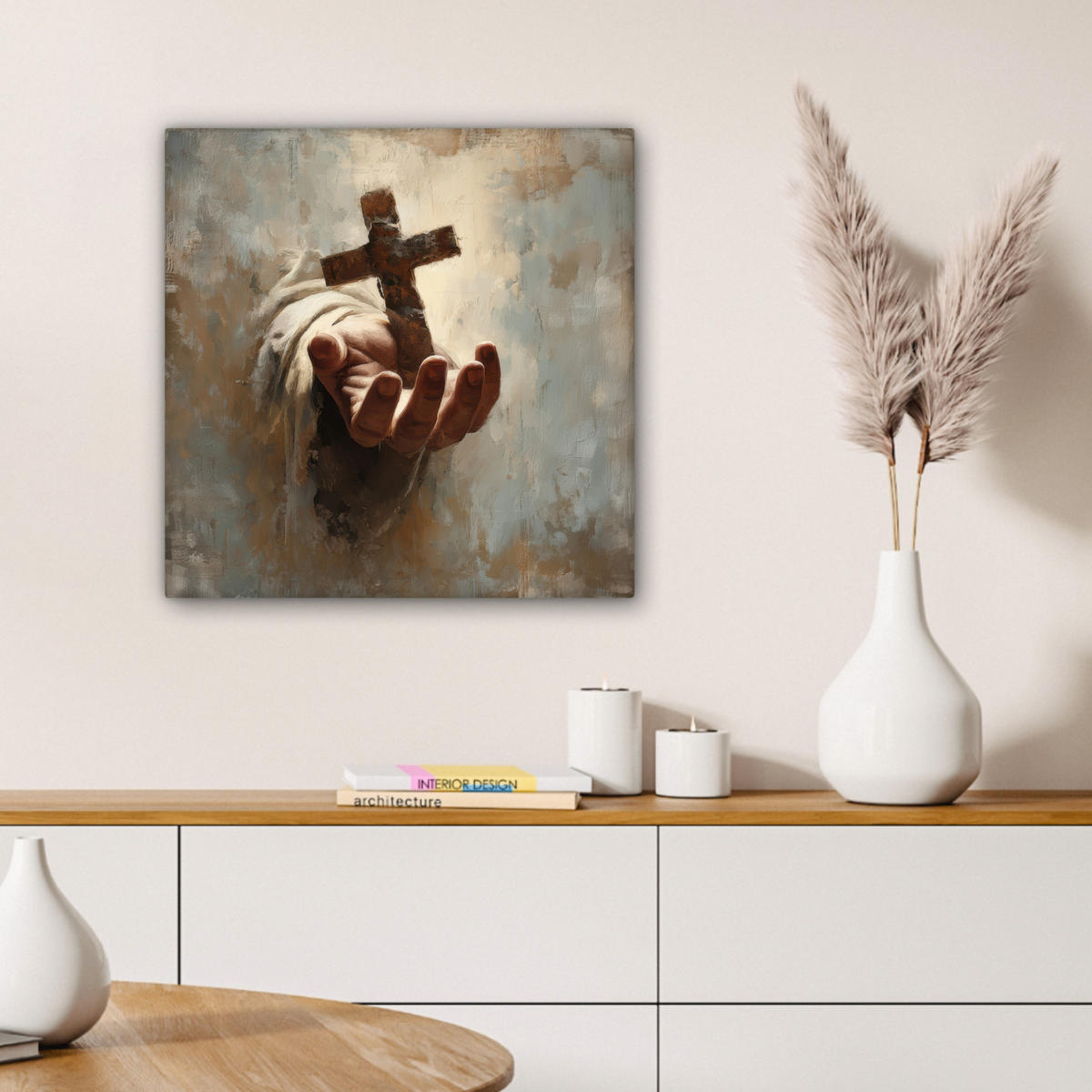LEINWANDBILD Abstrakt - Kreuz - Hand - Christentum Wandbild Wohnzimmer 50x50 cm - Hellbraun, Textil (50/50cm) - MuchoWow