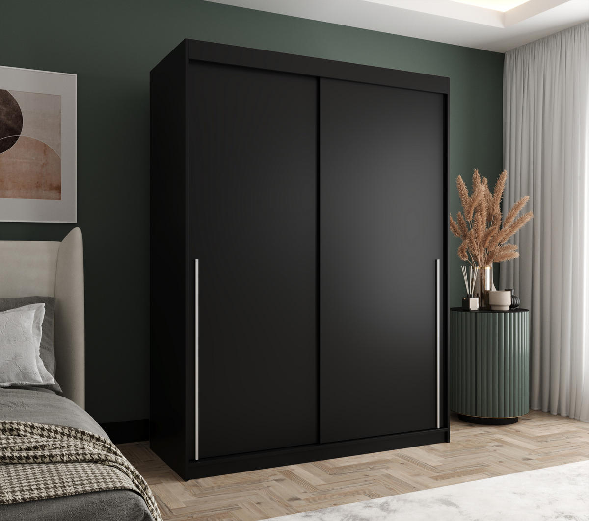 SCHIEBETÜRENSCHRANK 150 cm Breite, schwarz mit silbernem Griff - Silberfarben/Schwarz, Holzwerkstoff (150/200/62cm) - Home Collective