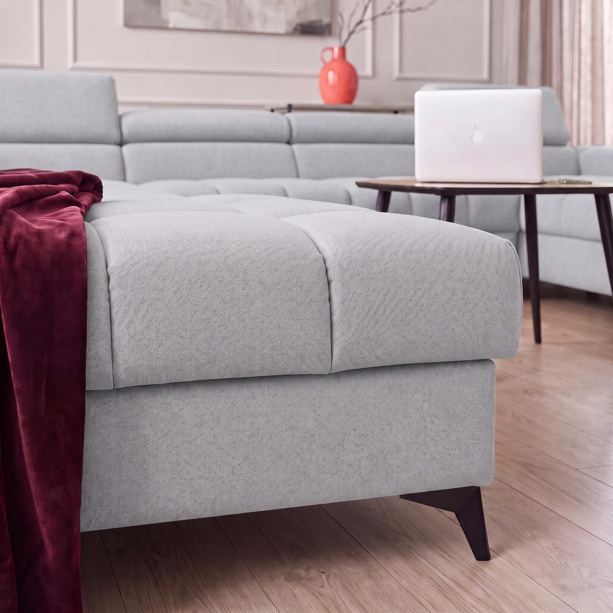 ECKSOFA PUDDING U Rechts mit Schlaffunktion 125x260 Velours Hellgrau - Hellgrau/Schwarz, Holz/Textil (350/203cm) - Muffo
