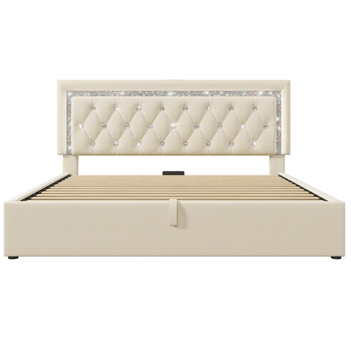 SAMT-POLSTERBETT 160/200 cm mit Bettkasten & LED-Beleuchtung in Beige - Beige, Textil (160/200cm) - BEAOK