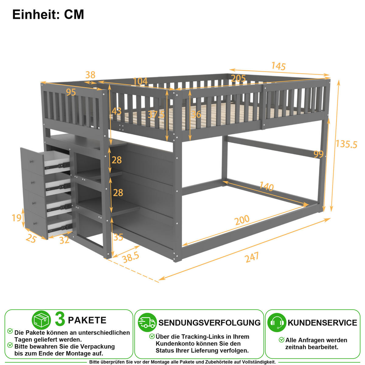 ETAGENBETT 140/200 cm in Grau mit 4 Schubladen und Treppe - Grau, Holz/Holzwerkstoff (140/200cm) - CHICFURN