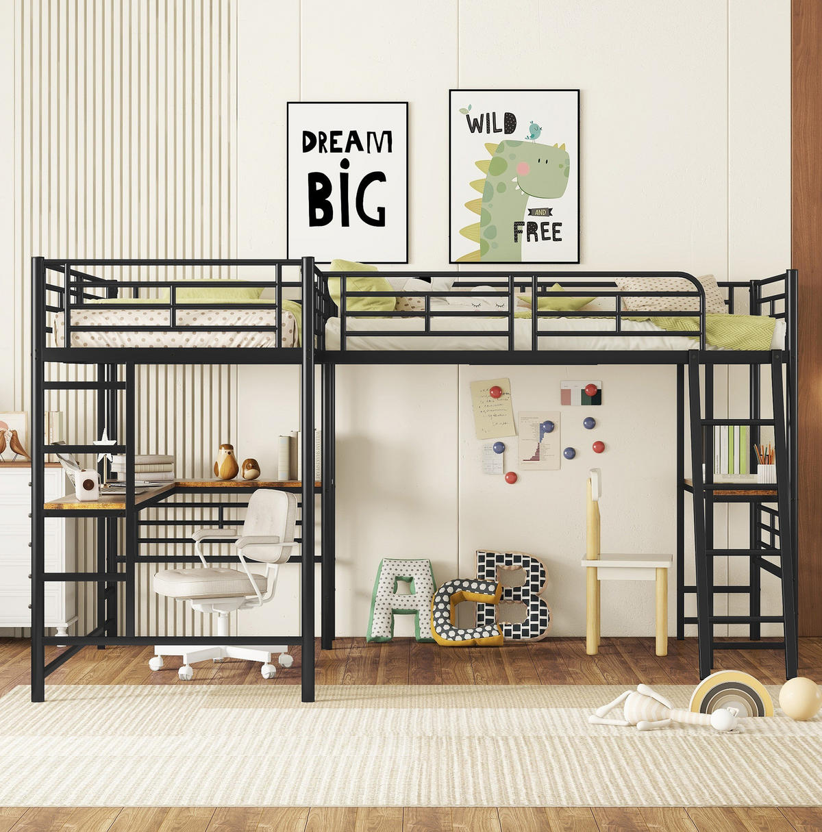 HOCHBETT 90/200 cm mit Schreibtisch und Doppeltreppe in Schwarz - Schwarz, Metall (90/200cm) - Flora Grace