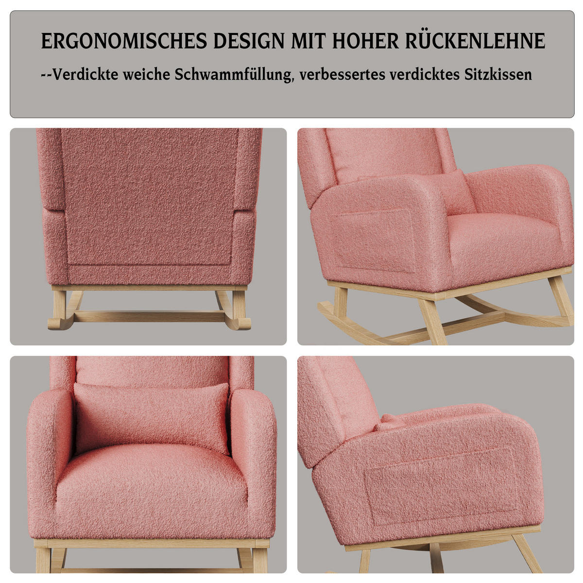 SCHAUKELSTUHL Plüsch Lendenstütze Taschen Holzfüße rosa - Rosa, Holz (52/96/93cm) - LEBENLANG