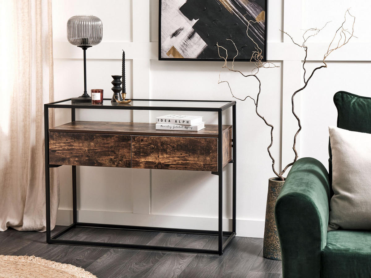 KONSOLENTISCH Glas dunkler Holzfarbton/schwarz 2 Schubladen Mauk - Dunkelbraun/Schwarz, Holzwerkstoff (40/100/80cm) - Beliani