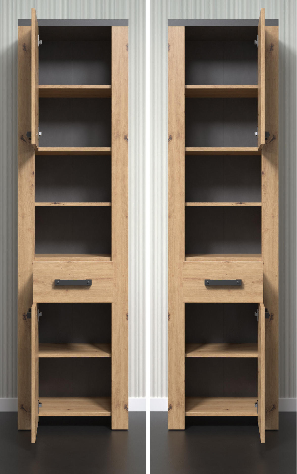 HOCHSCHRANK Eiche Artisan, grau 53 x 196 cm, Badschrank Türanschlag wechselbar - Eichefarben/Schwarz, Holzwerkstoff/Kunststoff (53/196/35cm) - Top.Furn