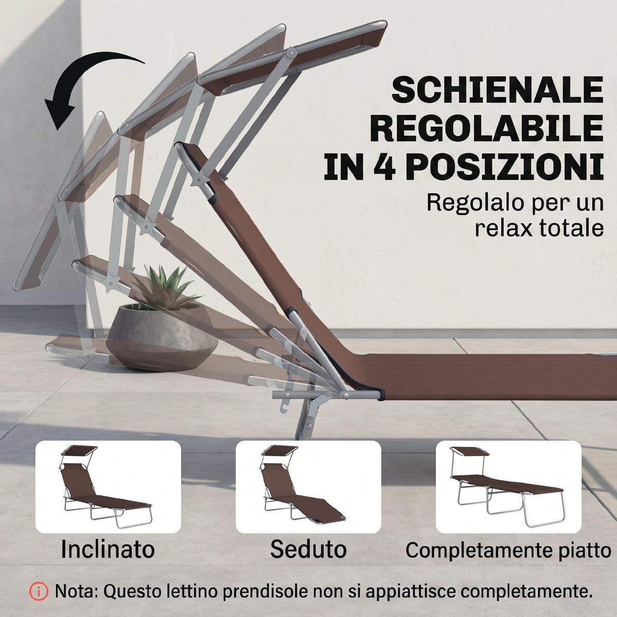 SONNENLIEGE Faltbare und verstellbare mit braunem Stoffdach 187 x 58 x 50 cm - Braun, Metall (58/36/187cm) - Vallsero