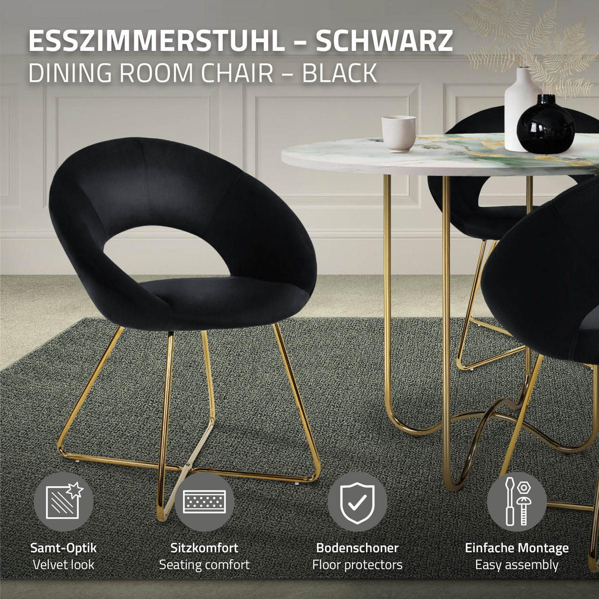 JÍDELNÍ ŽIDLE, sada 4 ks, černý samet - černá/zlatá, kov (53/77/64cm) - ML-DESIGN