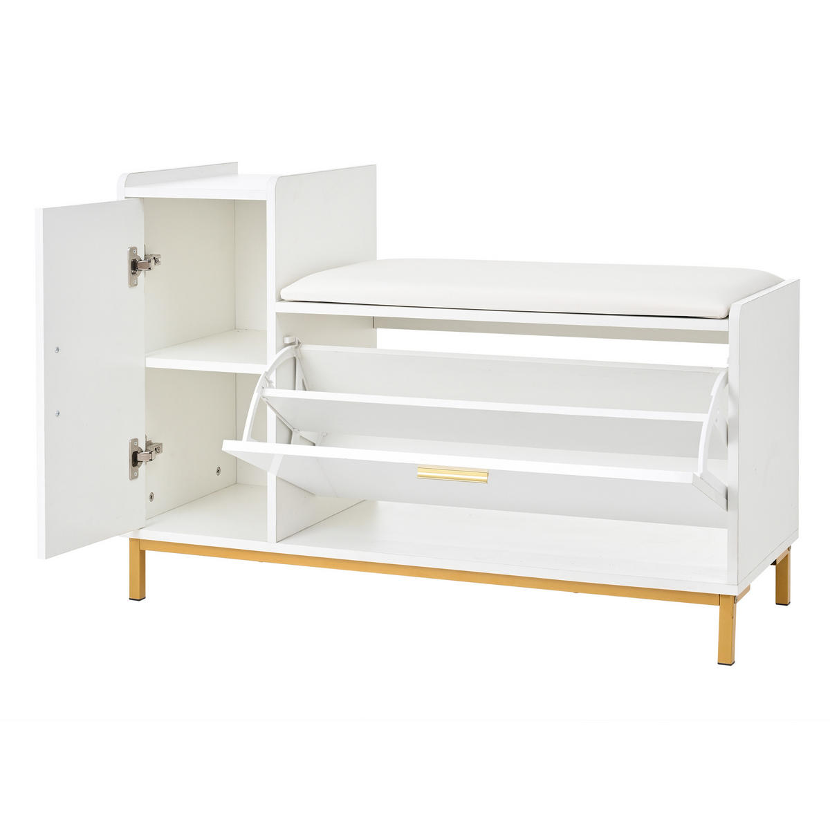 SCHUHSCHRANK 100/68/38 cm Weiß/Gold aus Spanplatte und Metall mit Sitzkissen - Weiß, Holzwerkstoff (100/68/38cm) - OKMYHOME
