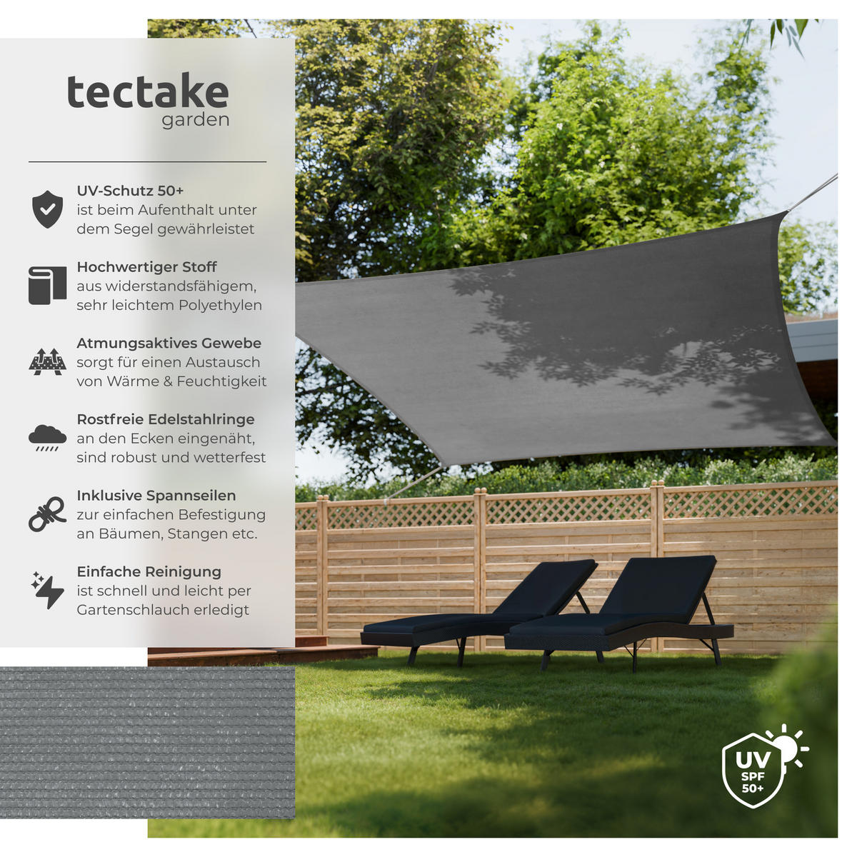 SONNENSEGEL ,inklusive Spannseile,grau - Grau, Kunststoff (400/400cm) - tectake