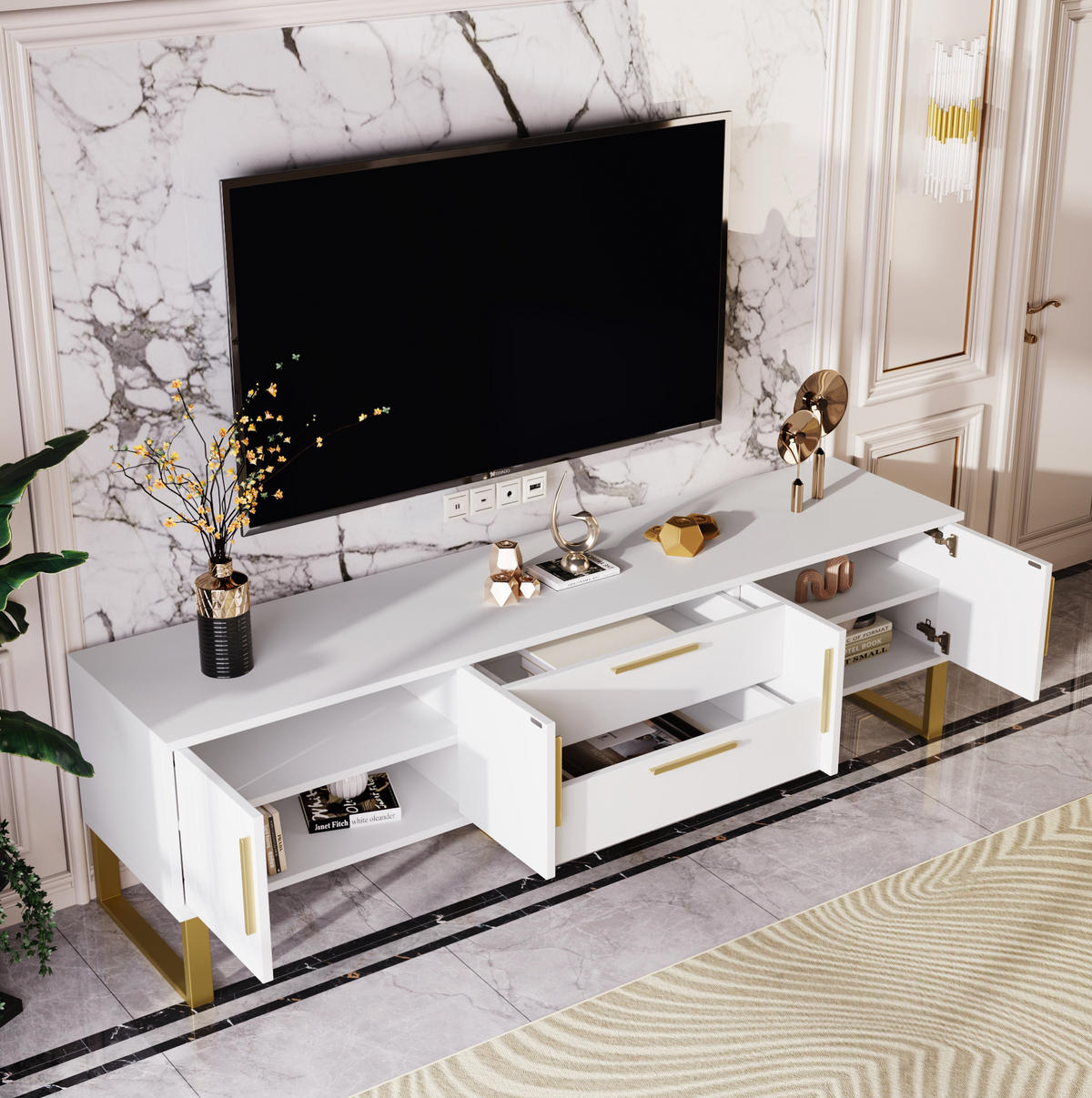 TV-SCHRANK 170/40/53,5 cm weiß MDF mit goldenen Griffen und Füßen, 4 Türen mit Schnitzereien - Weiß, Holzwerkstoff (170/53.5/40cm) - OKWISH