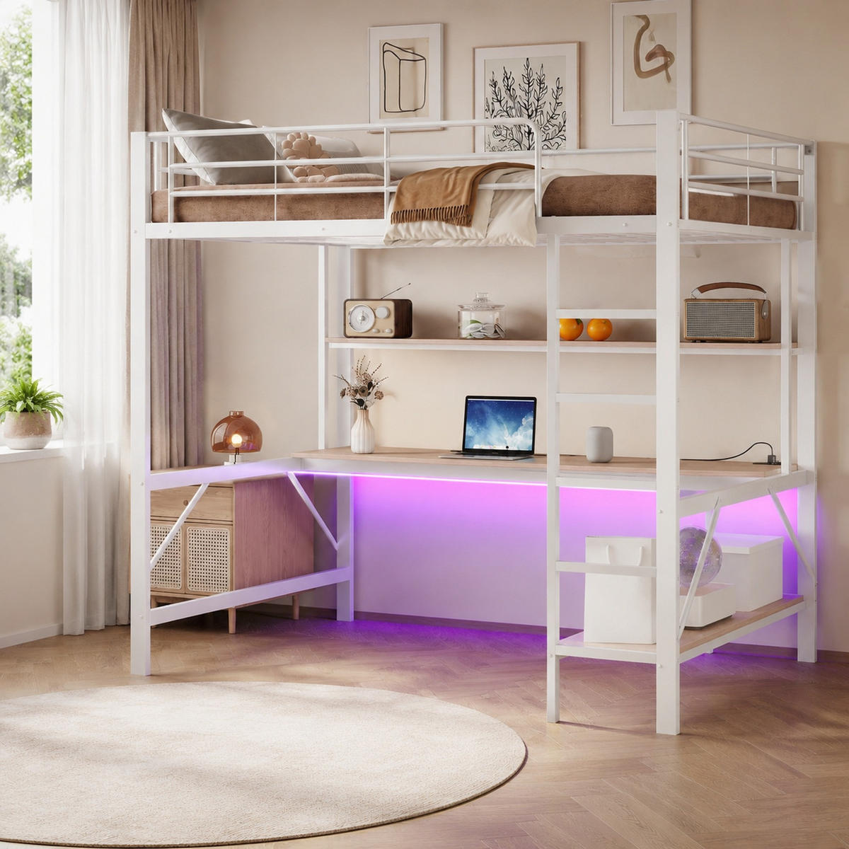 HOCHBETT 140/200 mit LED, Schreibtisch, USB und Steckdose in Weiß - Weiß, Holz/Holzwerkstoff (140/200cm) - EVRYAE
