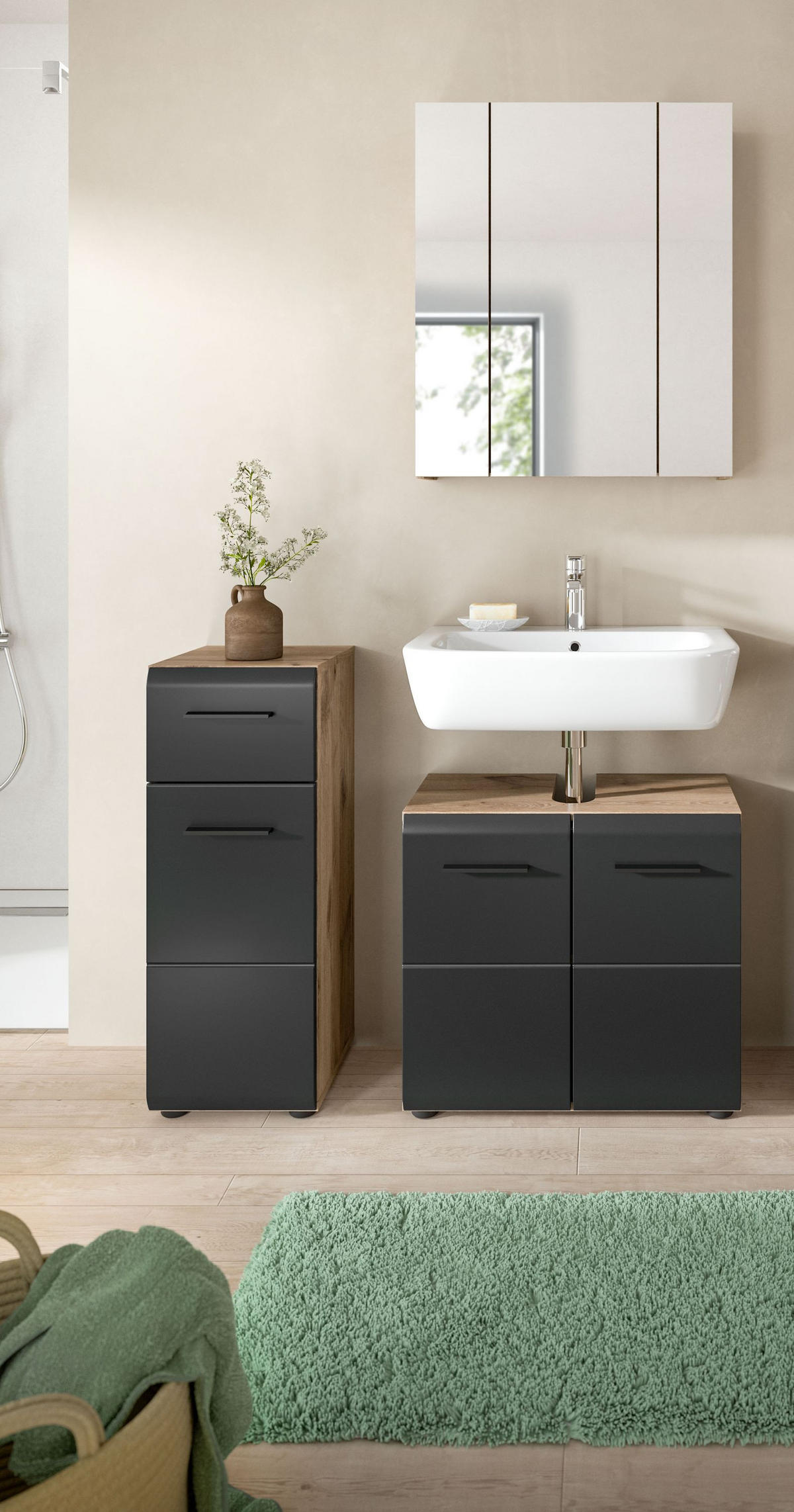 BADEZIMMER Alba 3-tlg. (B/H/T: ca. 105/185/30 cm) in Nox Oak /schwarz matt - Eichefarben, Holz (105/185/30cm)