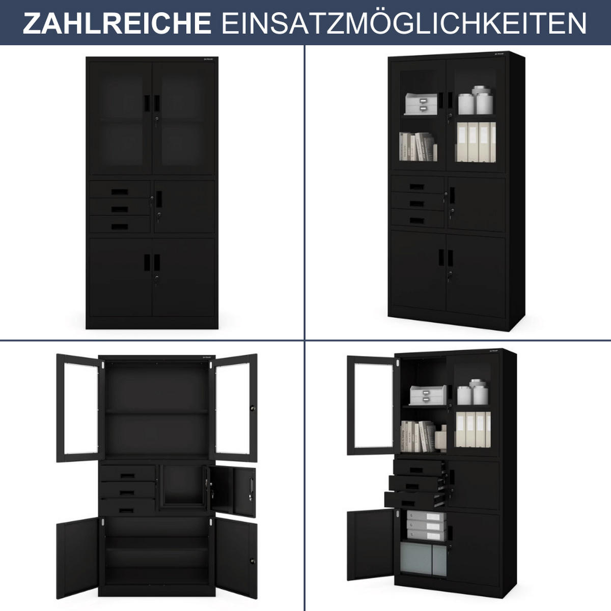 VITRINENSCHRANK abschließbar GEDO mit Tresor 185x90x40cm Schwarz - Schwarz, Metall (90/185/40cm) - DELUKE