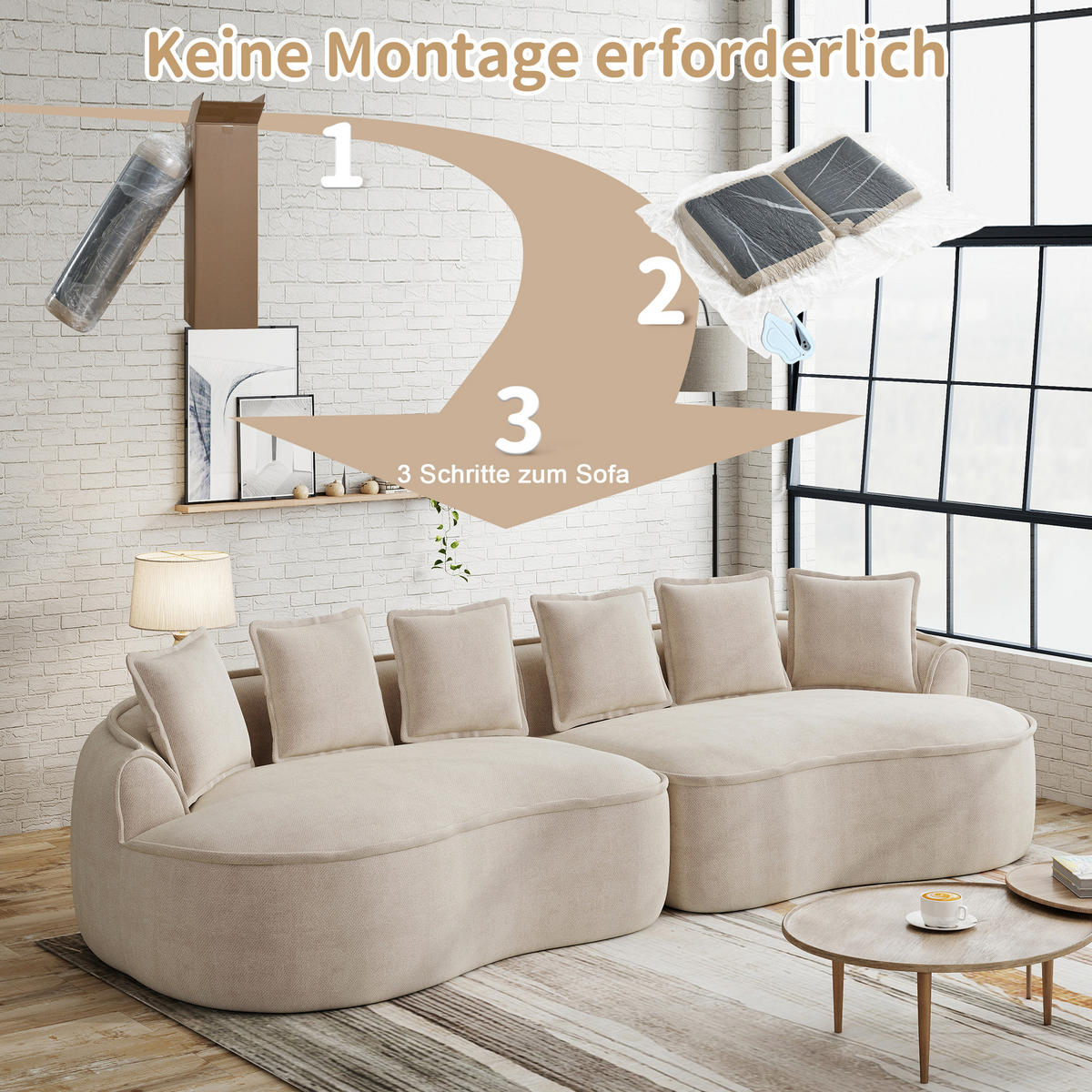 4-SITZER Sofa 320x114x67 cm aus Chenille-Stoff rahmenlos ohne Montage, hellbraun - Hellbraun, Textil (114/67/320cm)