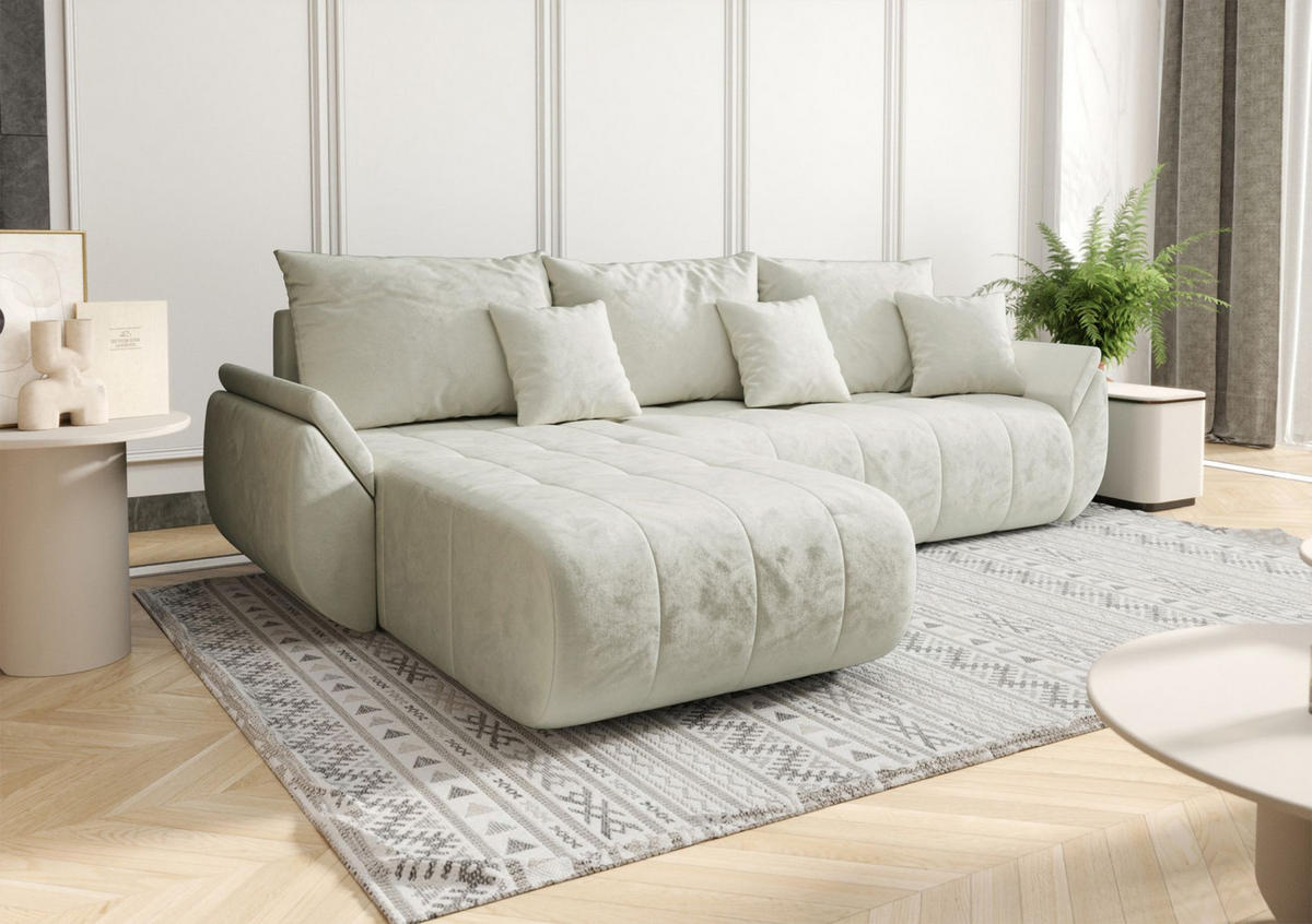 ECKSOFA Romuldi mit Schlaffunktion, Creme Samt, linksseitig - Creme/Schwarz, Kunststoff/Textil (280/185cm) - Selsey