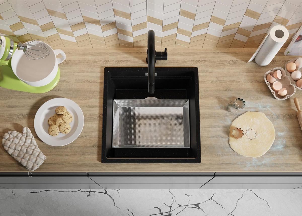 SPÜLBECKEN Praga Slim, 2-er set Schwarz Metallic 46/47 cm 1 Becken + Ablauf-Set + Aufrollbare Abtropffläche ab 50er Unterschrank - Chromfarben/Schwarz Hochglanz, Kunststoff (46/20/47cm) - Primagran