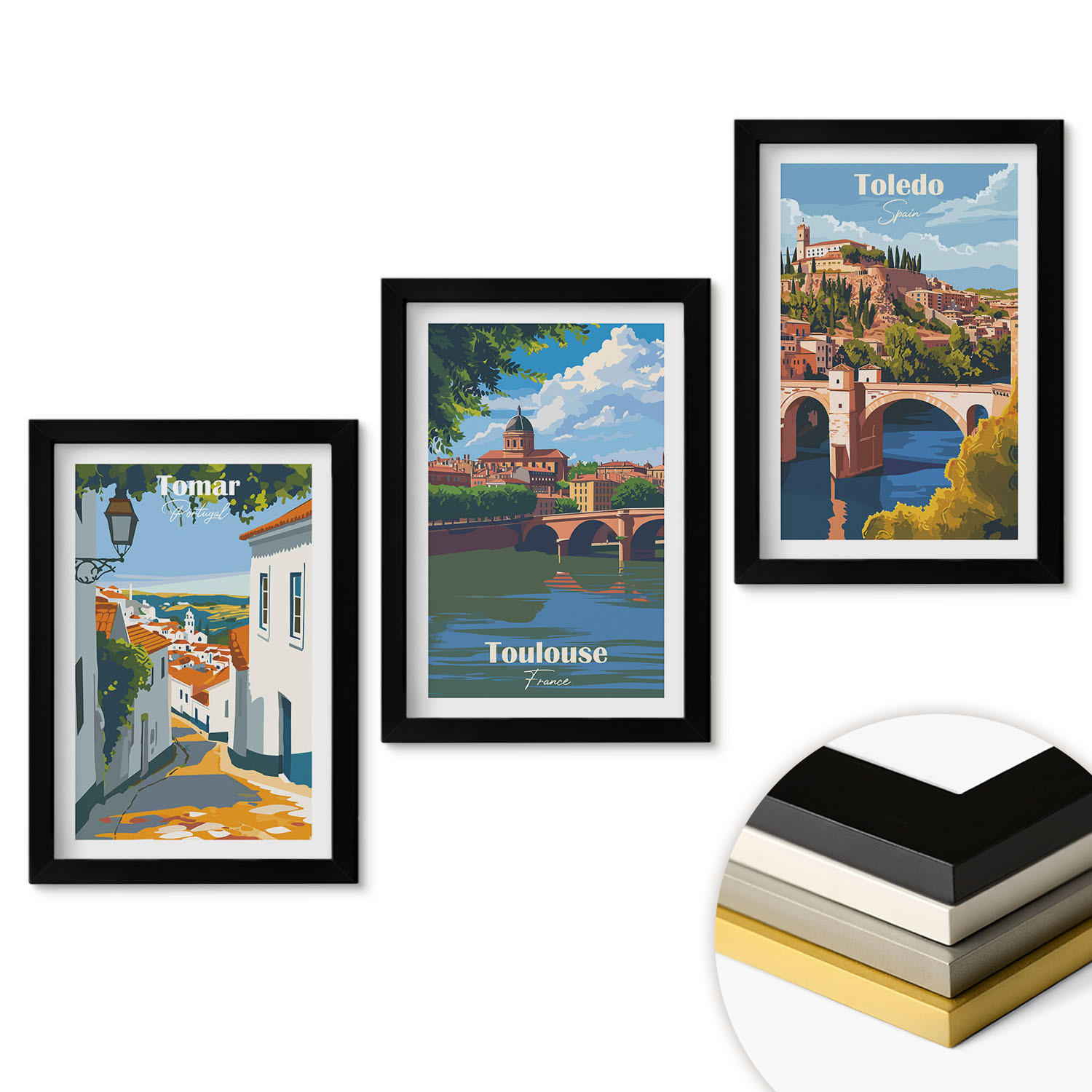 WANDBILDER 3er-Set - 20x30 cm Schwarzer Rahmen - Retro-Stadtgrafiken - Schwarz, Kunststoff (20/30cm) - ArtPrintCave