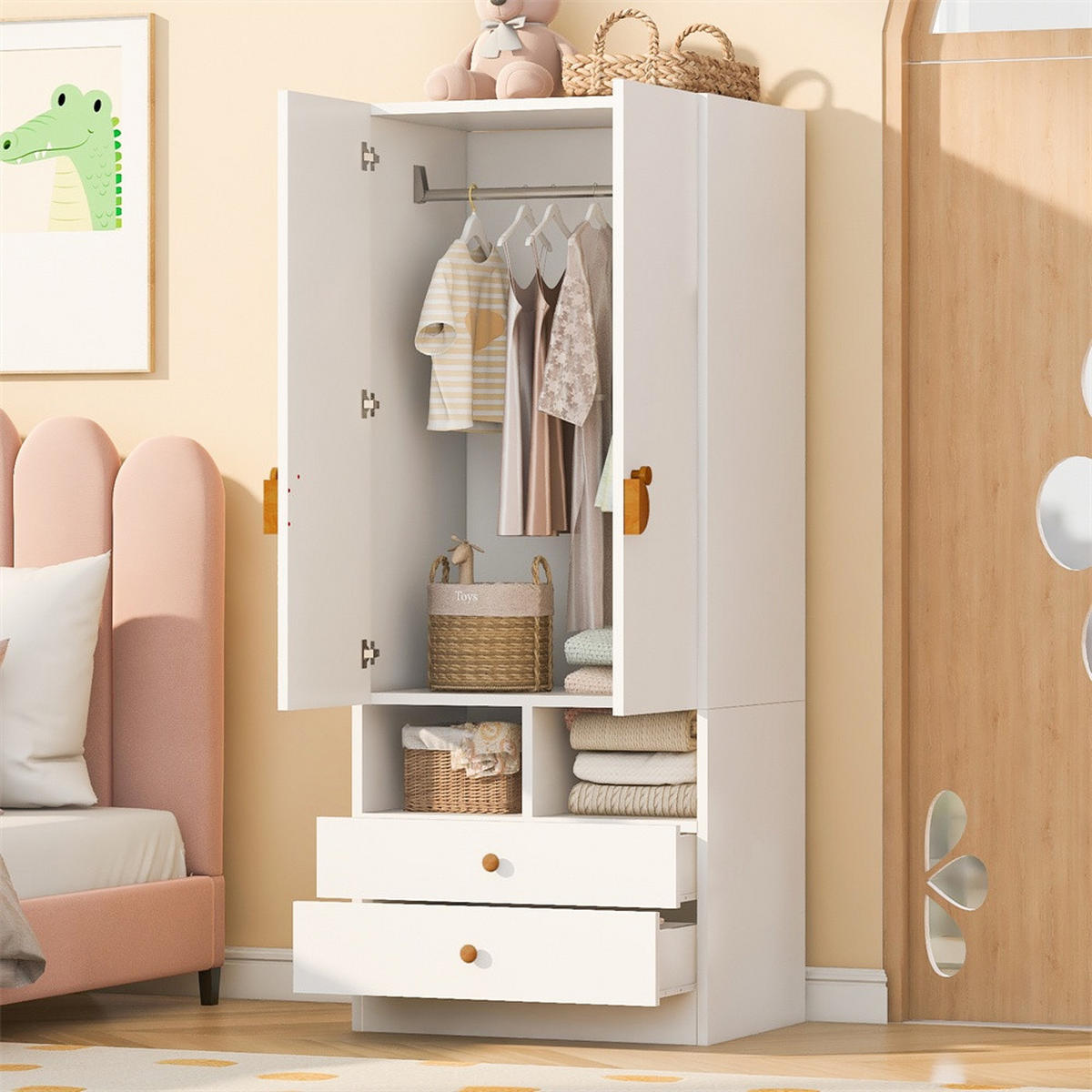 DELFA KLEIDERSCHRANK mit Cartoon-Griffen - 2 Schubladen und 2 Türen - Offenen Fächern - 70 × 50 × 170 cm