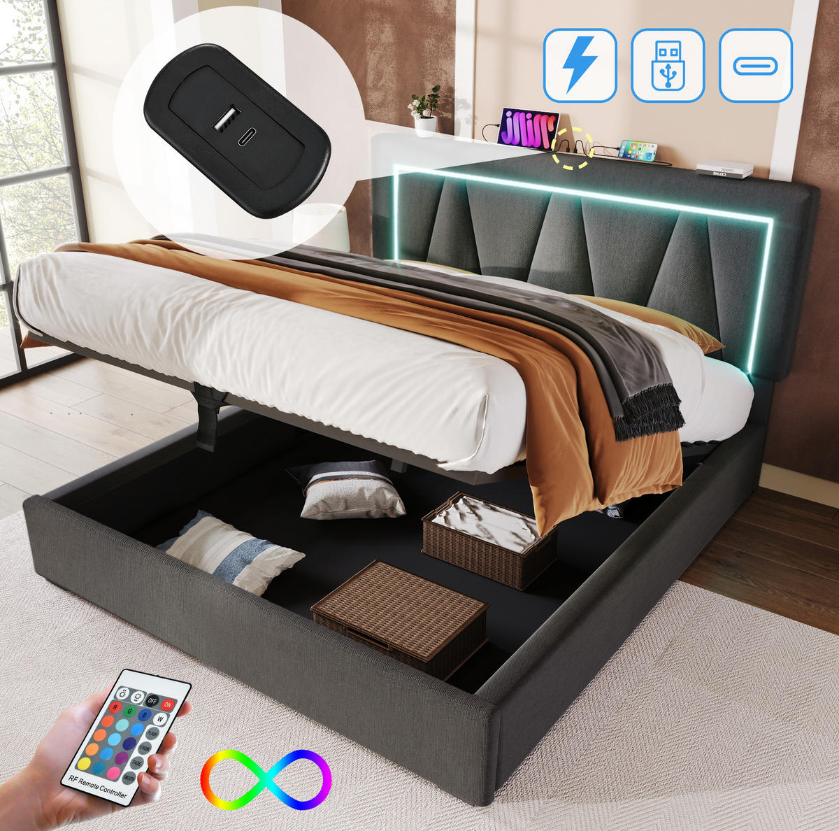 POLSTERBETT 160/200 cm Grau aus Leinen mit Matratze, Stauraum und LED - Grau, Textil (160/200cm) - OKMYHOME