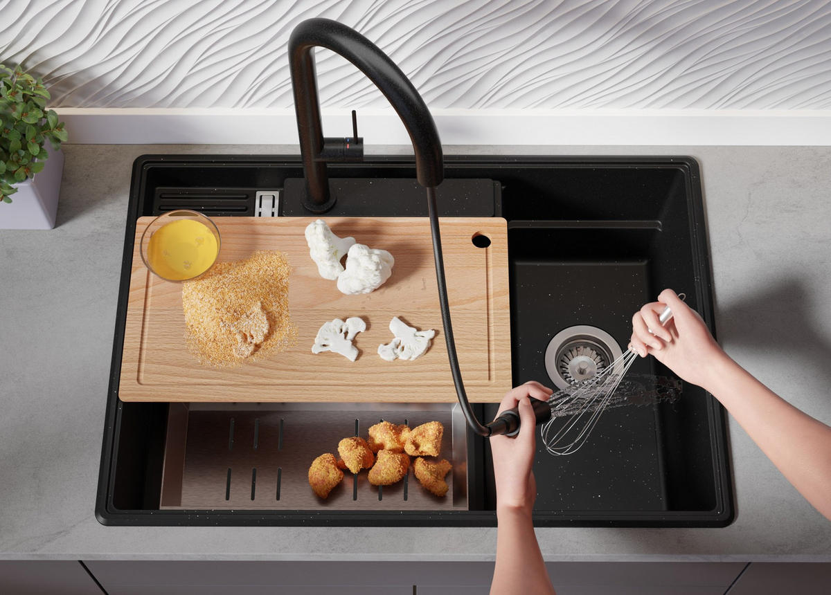 SPÜLBECKEN Paris, 2-er set Schwarz Metallic 78/53 cm 2 Becken + Ablauf-Set + Küchenzubehörset ab 80er Unterschrank - Chromfarben/Schwarz Hochglanz, Kunststoff (78/20/53cm) - Primagran