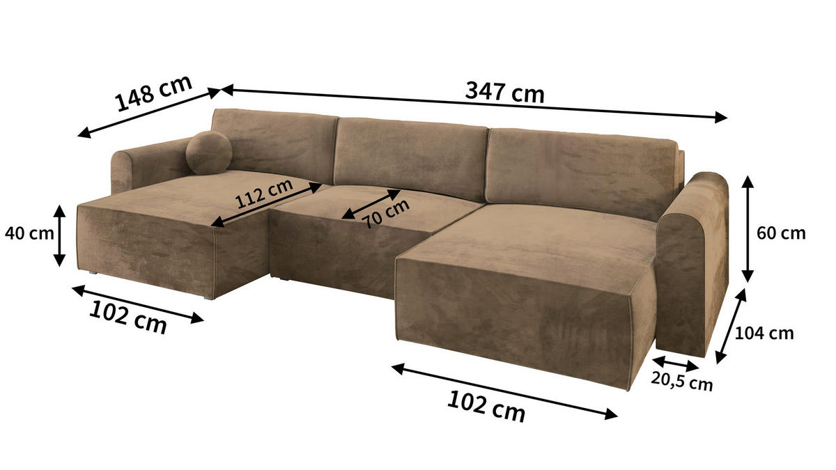 WOHNLANDSCHAFT FENTO M Beige Velours-Stoff mit Schlaffunktion - Beige, Holz (347/90/148cm) - MASSENO