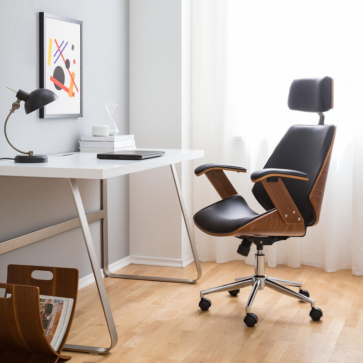 BÜRODREHSTUHL - Kunstleder / Stahl - Walnussfarben/Schwarz, Holzwerkstoff/Kunststoff (66/121/71cm) - home24