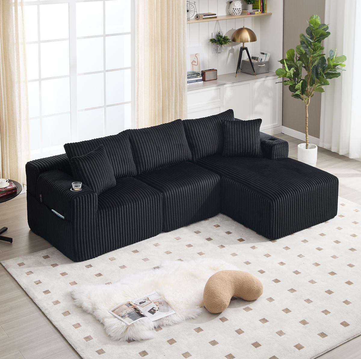 ECKSOFA 257/90-160/62 cm Schwarz aus Cord mit Chaiselongue - Schwarz, Textil (160/257cm) - OKMYHOME