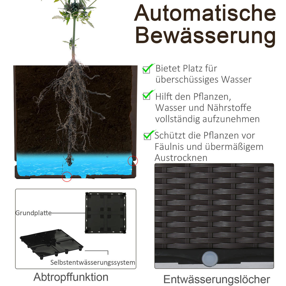 HOCHBEET, 6-tlg. Pflanzkasten mit Abflusslöchern, Rattan-Look, Blumenkasten, DIY, Braun, 40 x 40 x 44 cm - Braun, Kunststoff (40/44/40cm) - Outsunny