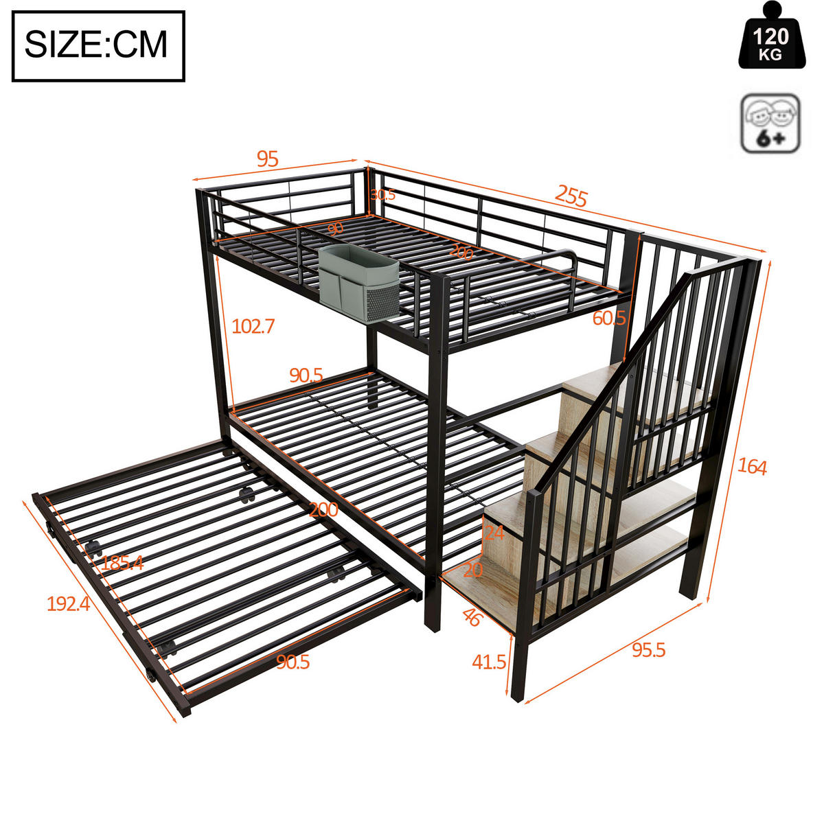 ETAGENBETT aus Metall 90x200/180x200 cm Schwarz mit Ausziehbett, Stauraumtreppe und Stofftasche - Schwarz, Metall (90/200cm) - Modfu