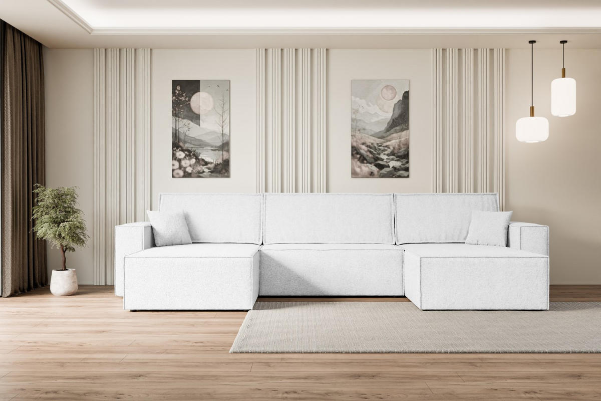 WOHNLANDSCHAFT mit Schlaffunktion und Bettkasten CELTIC-XLU - 377x143x83 cm Weiß Bouclé - Schwarz/Weiß, Holzwerkstoff/Kunststoff (377/83/143cm) - ALTDECOR