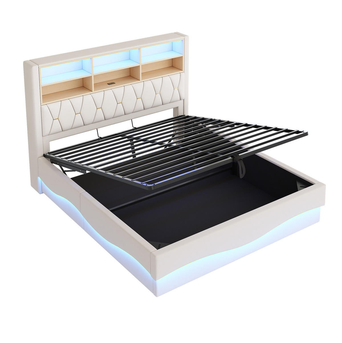 POLSTERBETT 180/200 cm mit hydraulischem Stauraum und LED-Beleuchtung - Beige, Metall (180/200cm) - OKWISH