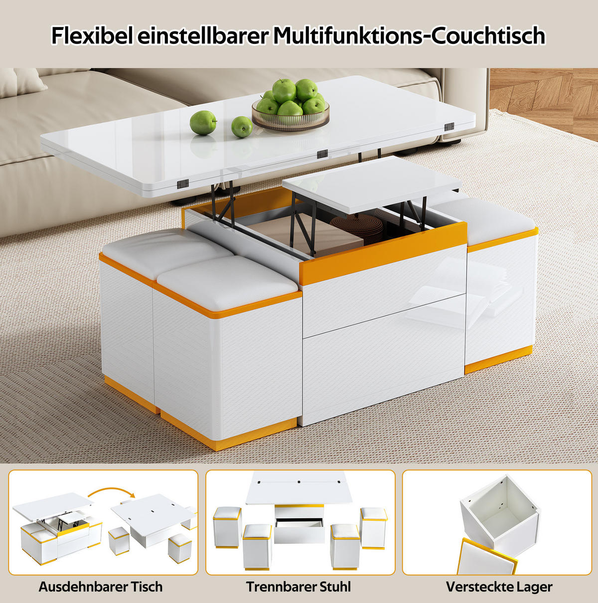 COUCHTISCH 100/50/43 cm höhenverstellbar mit Stauraum und 4 Hockern - Weiß, Holzwerkstoff (100/50/43cm) - Flora Grace
