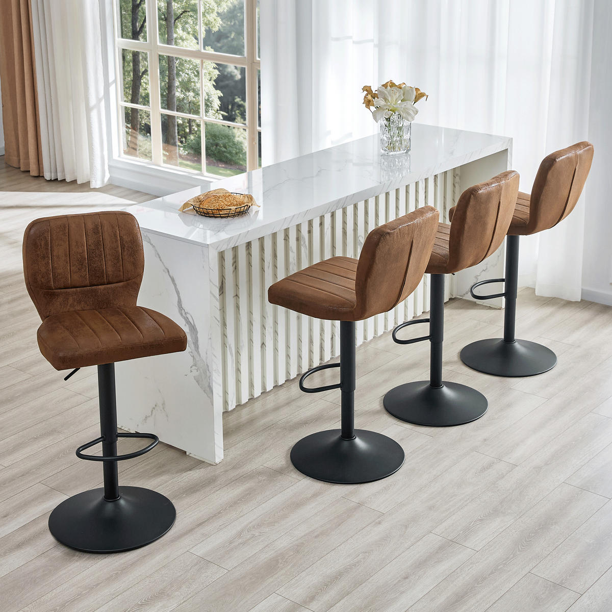 BARSTOL 2-PACK i Vintage-Konstläder i Brunt, höj- och sänkbar samt 360° snurrbar - Brun, Läder (52/62/45cm) - Urban Meuble