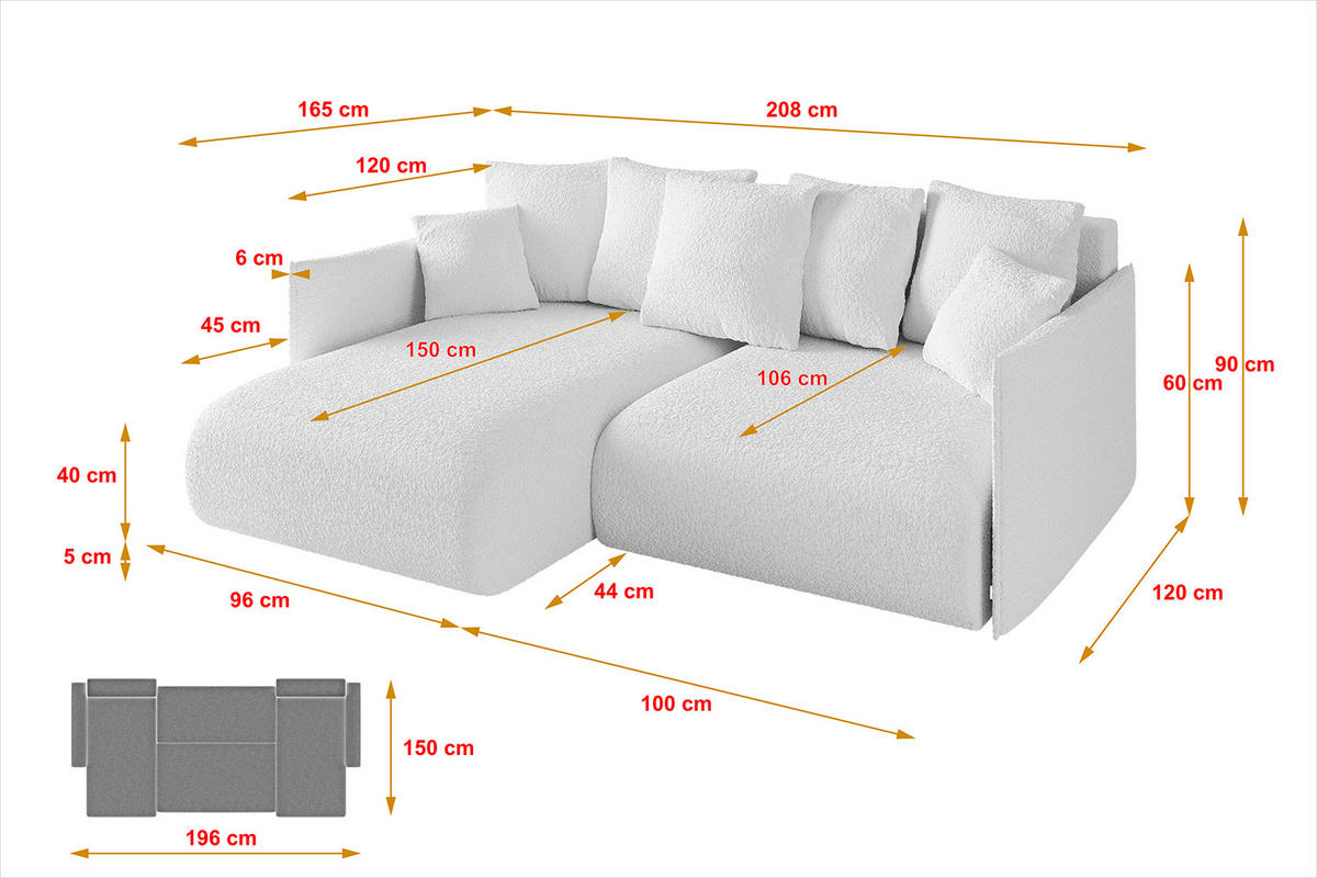 ECKSOFA mit Schlaffunktion und Bettkasten ONESK-L 208x165x40 Weiß Bouclé - Weiß, Holzwerkstoff/Kunststoff (208/165cm) - ALTDECOR