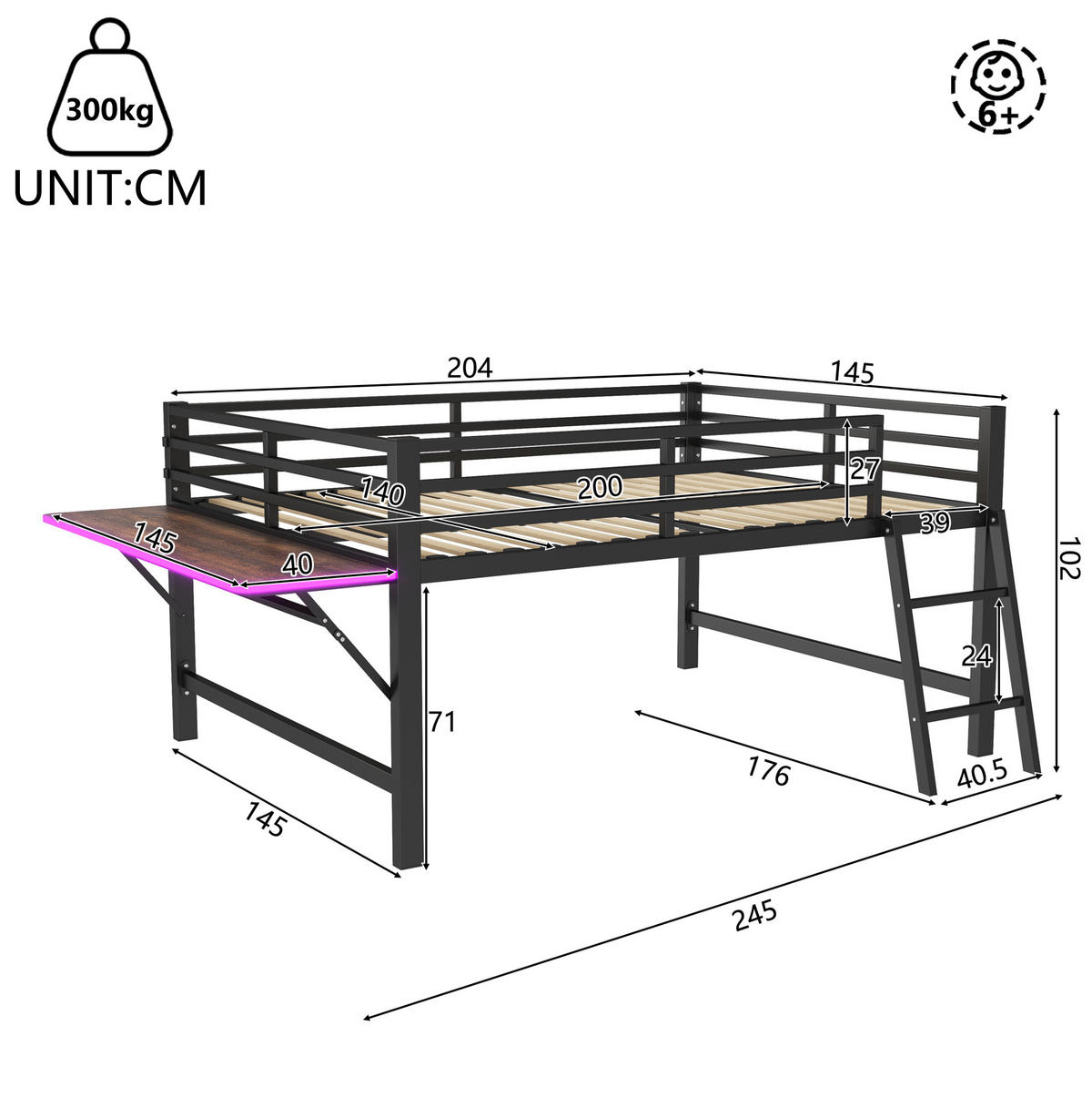 VISOKI krevet 140/200 cm s ljestvama, sklopivim stolom, LED rasvjetom i zaštitnim ogradama, Crna - crna, metal (140/200cm) - Redom