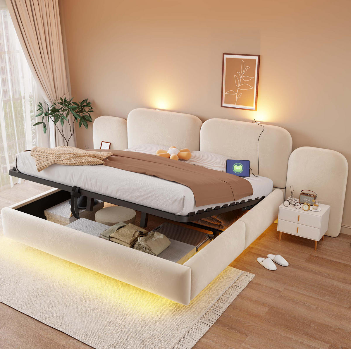 POLSTERBETT aus Samtstoff 180x200 cm Beige mit hydraulischem Bettkasten, RGB-LED und USB-C-Anschluss - Beige, Textil (180/200cm) - Modfu