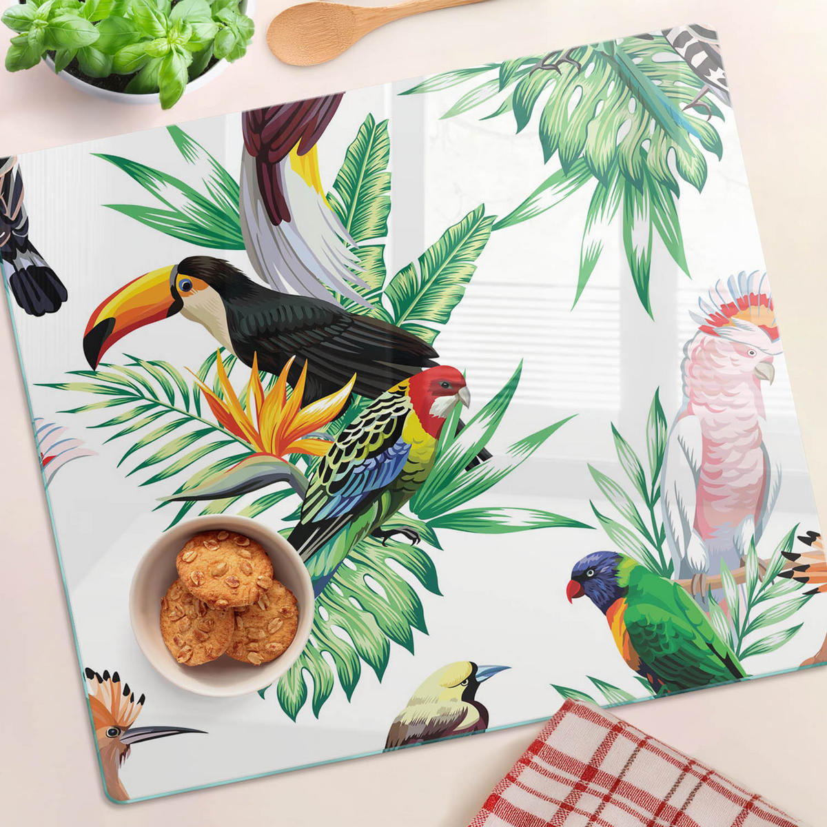 GLASPLATTE 60x52 cm Tropische Vögel - Schwarz/Braun, Glas (60/0.4/52cm) - TULUP